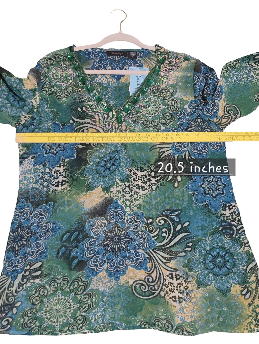 RAVIYA Tunic Blouse Womens Large Green Blue Beaded Boho Forest Fairy Bell Sleeve - Picture 14 of 14